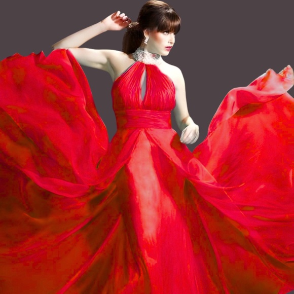 NWT Mac Duggal [4] Red Halter Gown Pageant Dress Crystal Beaded Neck Chiffon - Picture 1 of 16